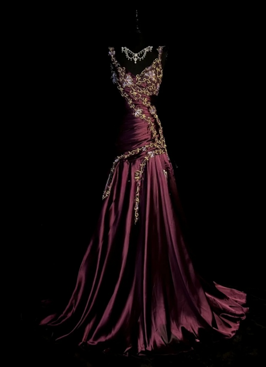 Chic Burgundy Formal Dresses, V-neck A-Line Long Prom Dresses, Embroidery Satin Sleeveless Evening Dresses EP06516