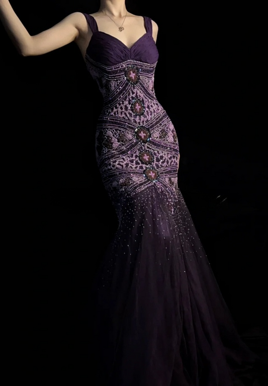 Chic Purple Dresses, Straps Mermaid Long Prom Dresses, Beaded Chiffon Sleeveless Evening Dresses EP06517