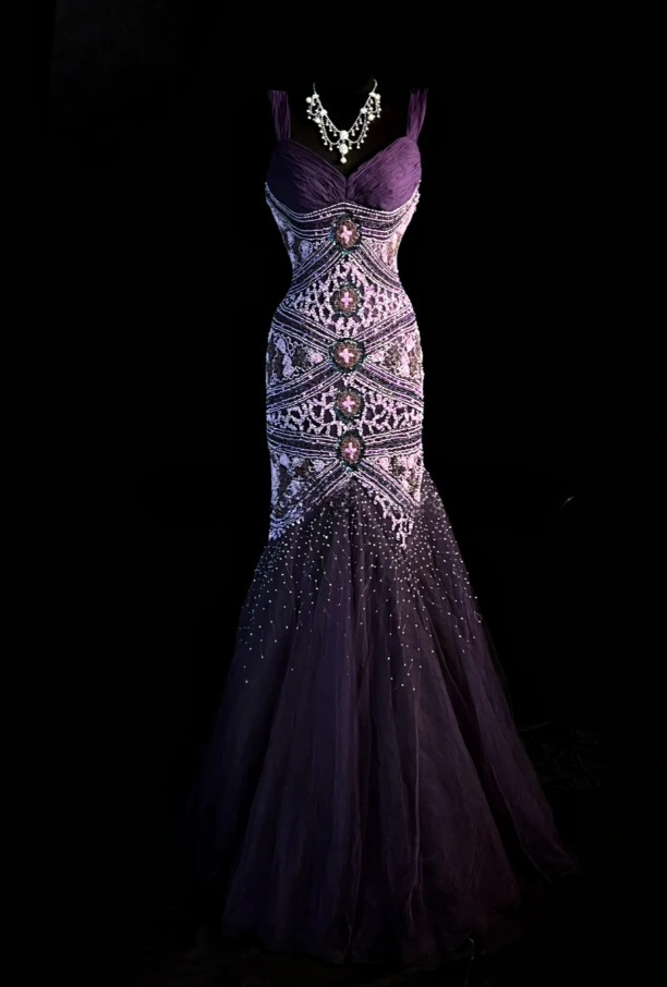 Chic Purple Dresses, Straps Mermaid Long Prom Dresses, Beaded Chiffon Sleeveless Evening Dresses EP06517