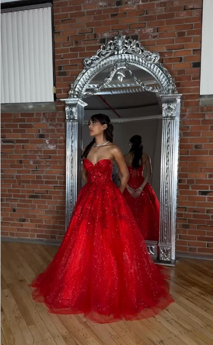 Chic Burgundy Birthday Dresses, Strapless A-Line Long Prom Dresses, Glitter Tulle Sleeveless Evening Dresses EP06519