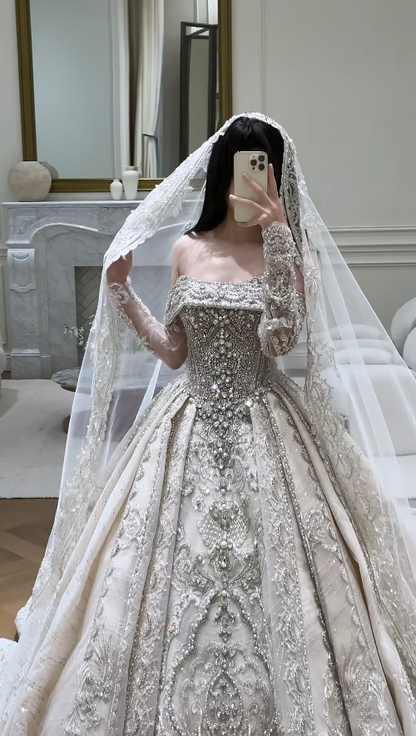 Chic A-Line Long Wedding Dresses Satin Beaded White Bridal Gowns Off-shoulder Cup Sleeves Bridal Dress EP06521