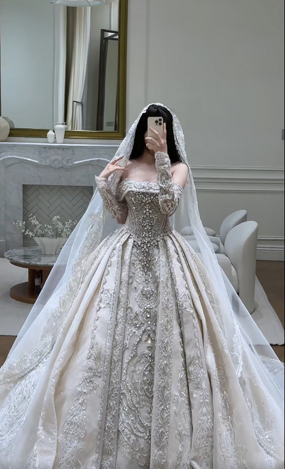 Chic A-Line Long Wedding Dresses Satin Beaded White Bridal Gowns Off-shoulder Cup Sleeves Bridal Dress EP06521