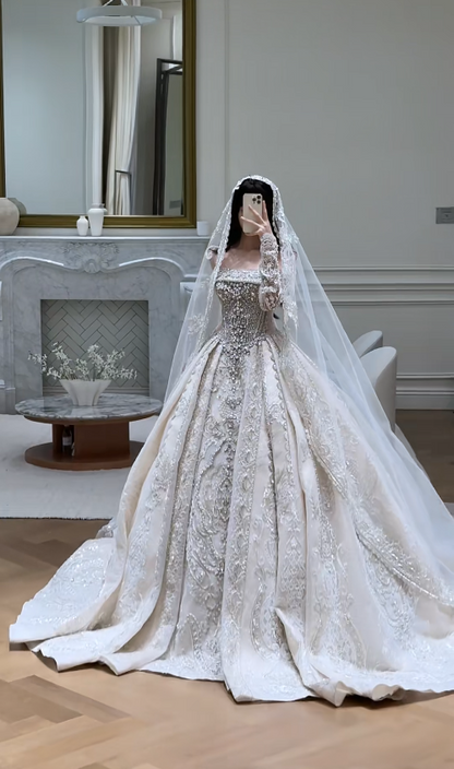 Chic A-Line Long Wedding Dresses Satin Beaded White Bridal Gowns Off-shoulder Cup Sleeves Bridal Dress EP06521