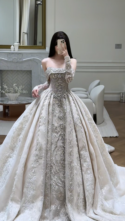 Chic A-Line Long Wedding Dresses Satin Beaded White Bridal Gowns Off-shoulder Cup Sleeves Bridal Dress EP06521