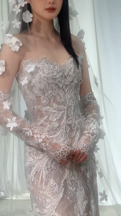 Simple Sheath Long Wedding Dresses Applique Tulle White Bridal Gowns Strapless Sleeveless Bridal Dress EP06524