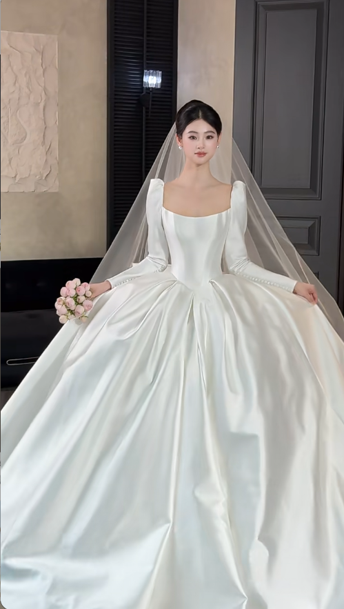 Simple A-Line Long Wedding Dresses Satin White Bridal Gowns Square Neck Long Sleeves Bridal Dress EP06525