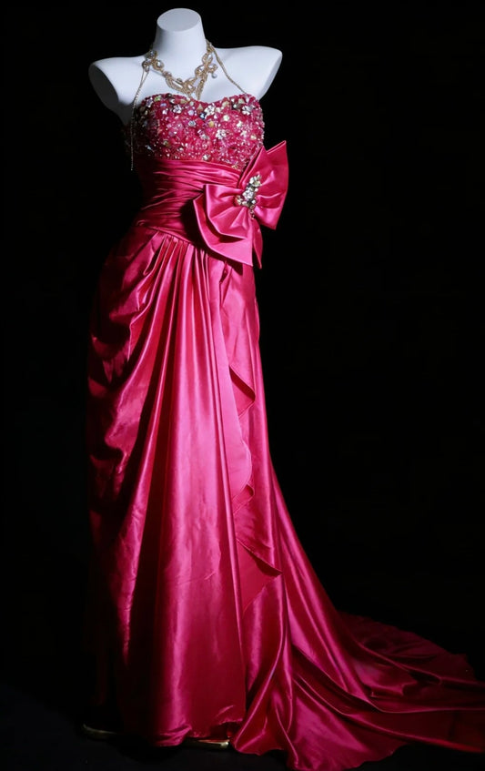 Gorgeous Pink Prom Dress Strapless Sheath Evening Dress Beaded Satin Formal Dress EP06751