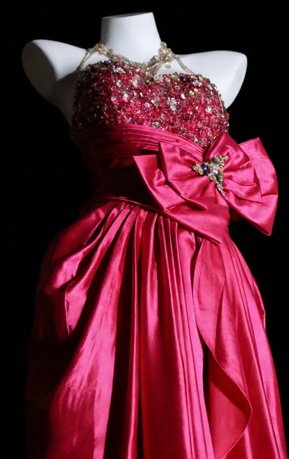 Gorgeous Pink Prom Dress Strapless Sheath Evening Dress Beaded Satin Formal Dress EP06751