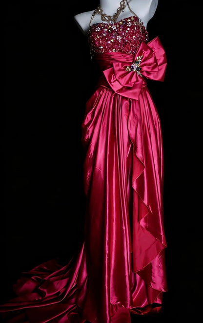 Gorgeous Pink Prom Dress Strapless Sheath Evening Dress Beaded Satin Formal Dress EP06751