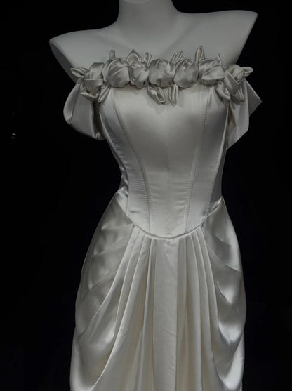 Gorgeous Pearl White Prom Dress Off-shoulder Sheath Evening Dress Beaded Satin Formal Dress EP06752