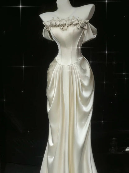 Gorgeous Pearl White Prom Dress Off-shoulder Sheath Evening Dress Beaded Satin Formal Dress EP06752