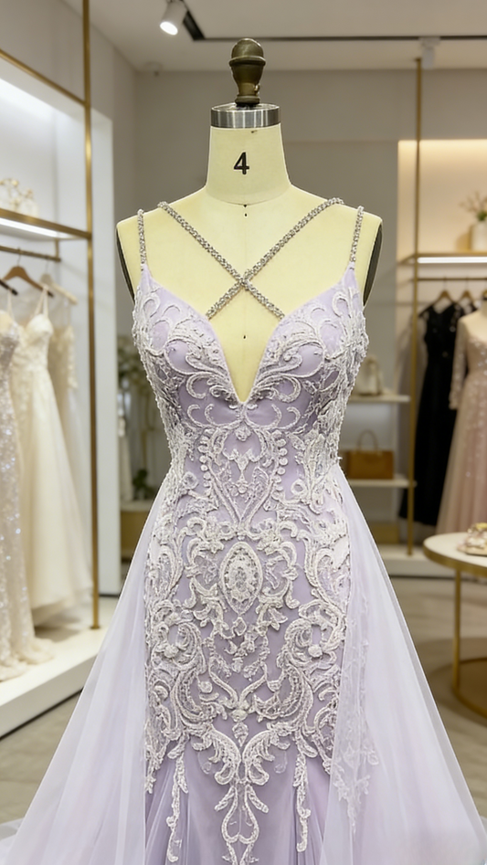 Gorgeous Light Purple Prom Dress Straps Sheath Evening Dress Beaded Chiffon Birthday Dress EP06754