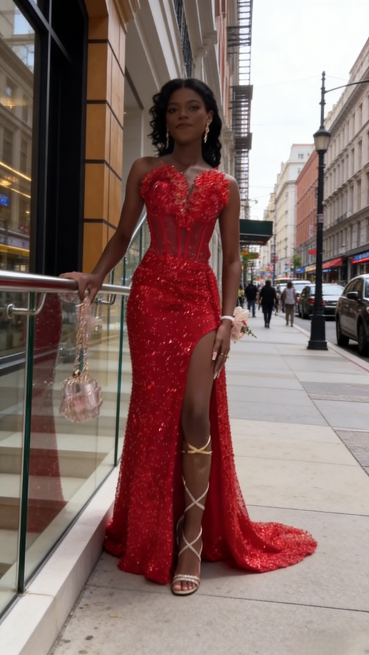 Sexy Red Prom Dress Sweetheart Sheath Long Evening Dress Sequins Tulle Birthday Dress EP06760