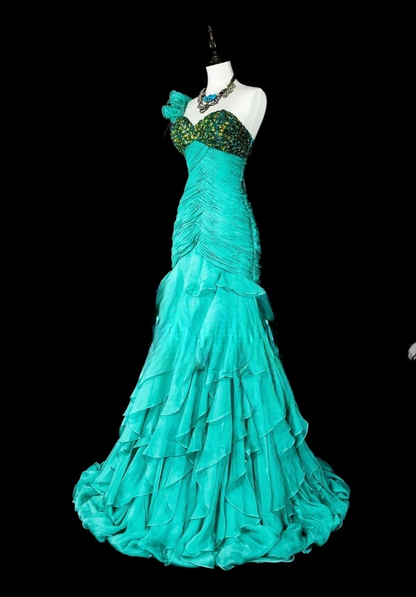 Chic Turquoise Long  Prom Dresses Chiffon One-shoulder Sheath Evening Dresses EP06800