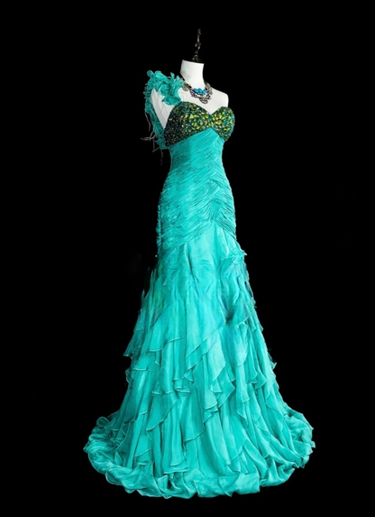 Chic Turquoise Long  Prom Dresses Chiffon One-shoulder Sheath Evening Dresses EP06800