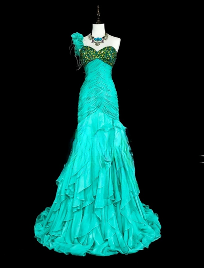 Chic Turquoise Long  Prom Dresses Chiffon One-shoulder Sheath Evening Dresses EP06800