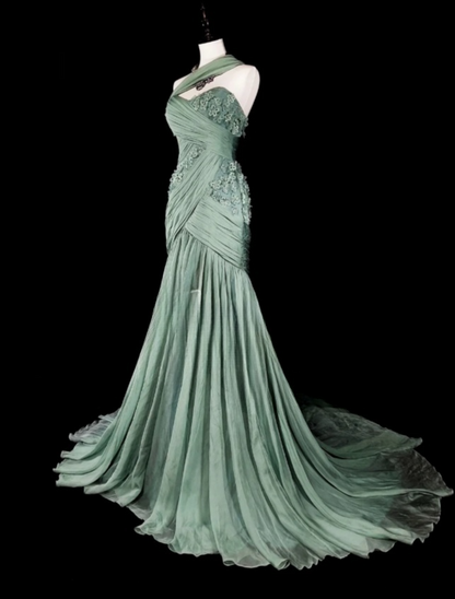 Chic Dusty Green Long  Prom Dresses Chiffon One-shoulder Sheath Evening Dresses EP06801