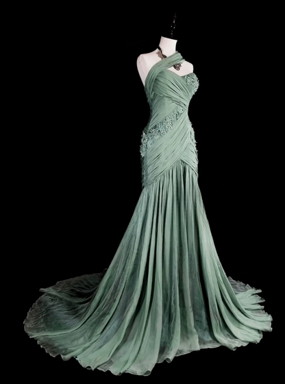 Chic Dusty Green Long  Prom Dresses Chiffon One-shoulder Sheath Evening Dresses EP06801