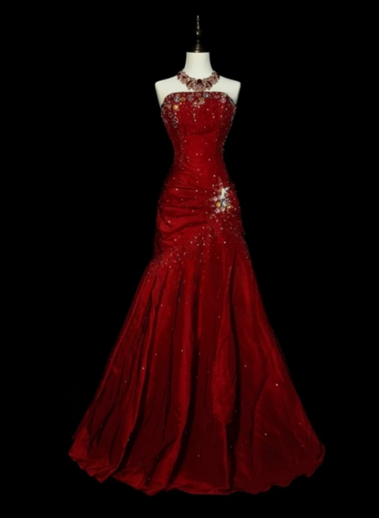 Glam Burgundy Long Prom Dresses Strapless Mermaid Evening Dresses Beaded Satin Sleeveless Formal Dresses EP06802