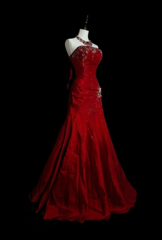 Glam Burgundy Long Prom Dresses Strapless Mermaid Evening Dresses Beaded Satin Sleeveless Formal Dresses EP06802