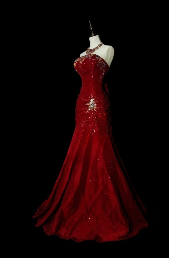 Glam Burgundy Long Prom Dresses Strapless Mermaid Evening Dresses Beaded Satin Sleeveless Formal Dresses EP06802