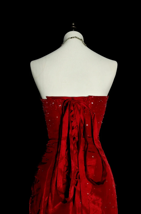 Glam Burgundy Long Prom Dresses Strapless Mermaid Evening Dresses Beaded Satin Sleeveless Formal Dresses EP06802