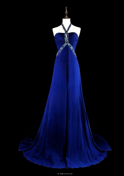 Glam Navy Blue Long Prom Dresses Halter Sheath Evening Dresses Satin Sleeveless Formal Dresses EP06804