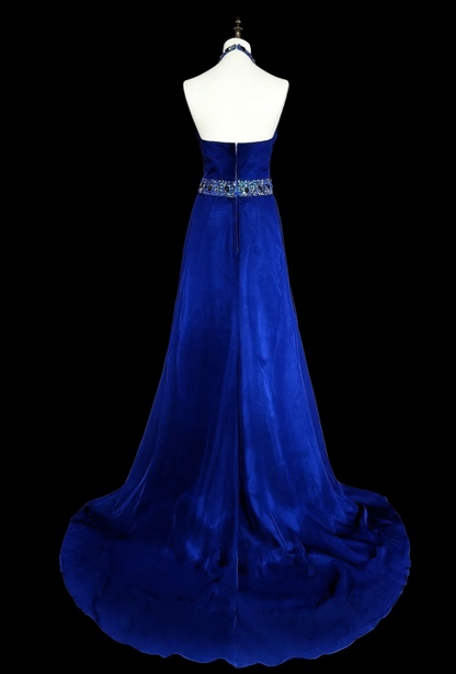 Glam Navy Blue Long Prom Dresses Halter Sheath Evening Dresses Satin Sleeveless Formal Dresses EP06804