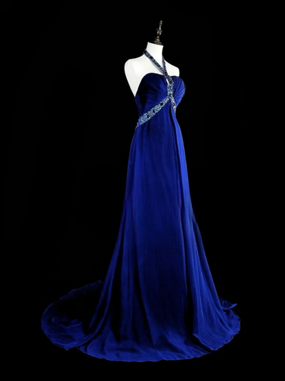 Glam Navy Blue Long Prom Dresses Halter Sheath Evening Dresses Satin Sleeveless Formal Dresses EP06804