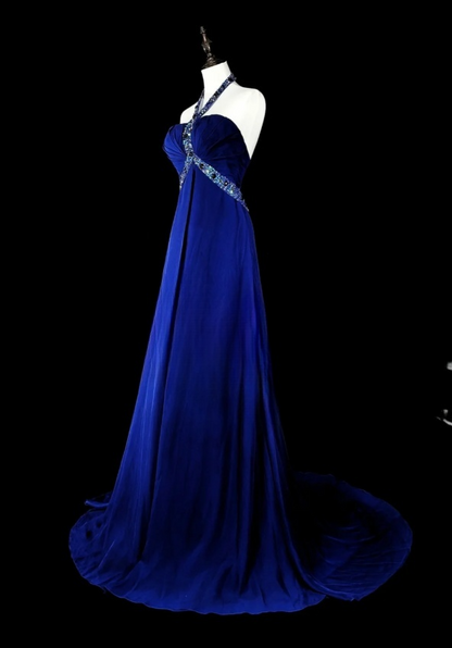 Glam Navy Blue Long Prom Dresses Halter Sheath Evening Dresses Satin Sleeveless Formal Dresses EP06804