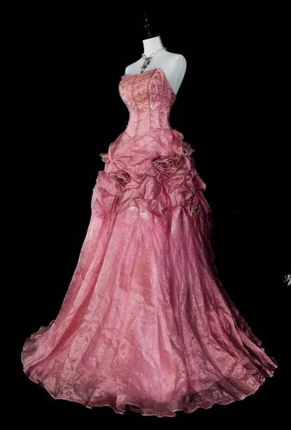 Glam Pink Long Prom Dresses Strapless Sheath Evening Dresses Satin Sleeveless Formal Dresses EP06805
