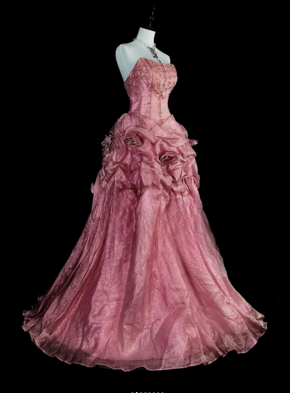 Glam Pink Long Prom Dresses Strapless Sheath Evening Dresses Satin Sleeveless Formal Dresses EP06805
