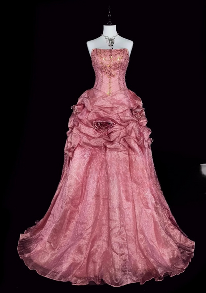 Glam Pink Long Prom Dresses Strapless Sheath Evening Dresses Satin Sleeveless Formal Dresses EP06805