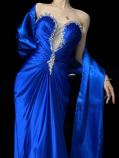 Glam Royal Blue Long Prom Dresses Sweetheart Sheath Evening Dresses Beaded Satin Sleeveless Formal Dresses EP06807