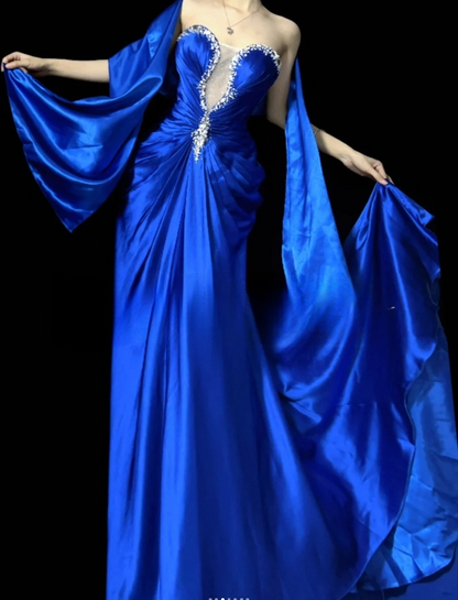 Glam Royal Blue Long Prom Dresses Sweetheart Sheath Evening Dresses Beaded Satin Sleeveless Formal Dresses EP06807