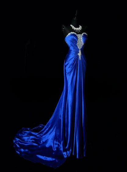 Glam Royal Blue Long Prom Dresses Sweetheart Sheath Evening Dresses Beaded Satin Sleeveless Formal Dresses EP06807