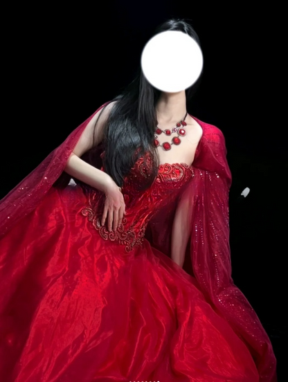 Glam Red Long Prom Dresses Sweetheart A-Line Evening Dresses Applique Tulle Sleeveless Formal Dresses EP06809