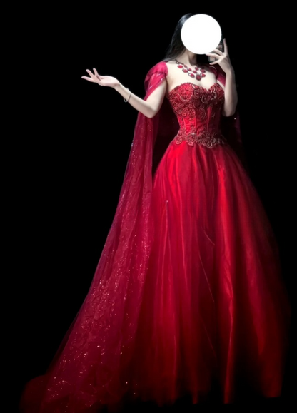 Glam Red Long Prom Dresses Sweetheart A-Line Evening Dresses Applique Tulle Sleeveless Formal Dresses EP06809