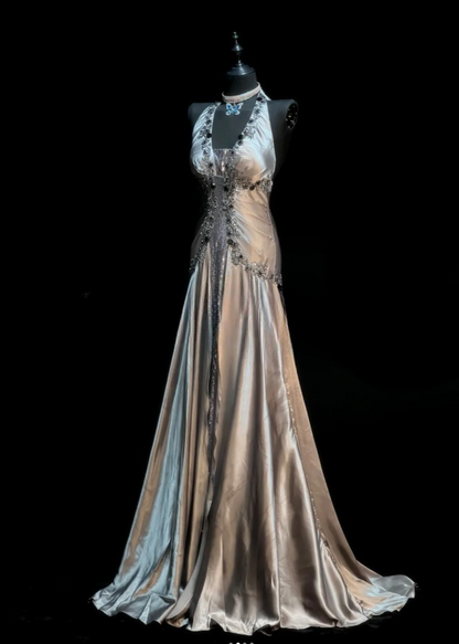 Glam Silver Long Prom Dresses V-Neck Sheath Evening Dresses Satin Sleeveless Formal Dresses EP06810