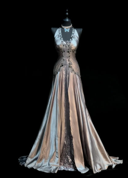 Glam Silver Long Prom Dresses V-Neck Sheath Evening Dresses Satin Sleeveless Formal Dresses EP06810
