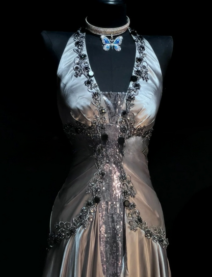 Glam Silver Long Prom Dresses V-Neck Sheath Evening Dresses Satin Sleeveless Formal Dresses EP06810