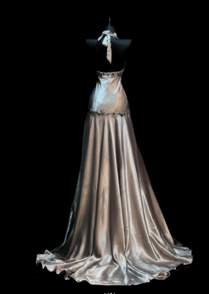 Glam Silver Long Prom Dresses V-Neck Sheath Evening Dresses Satin Sleeveless Formal Dresses EP06810