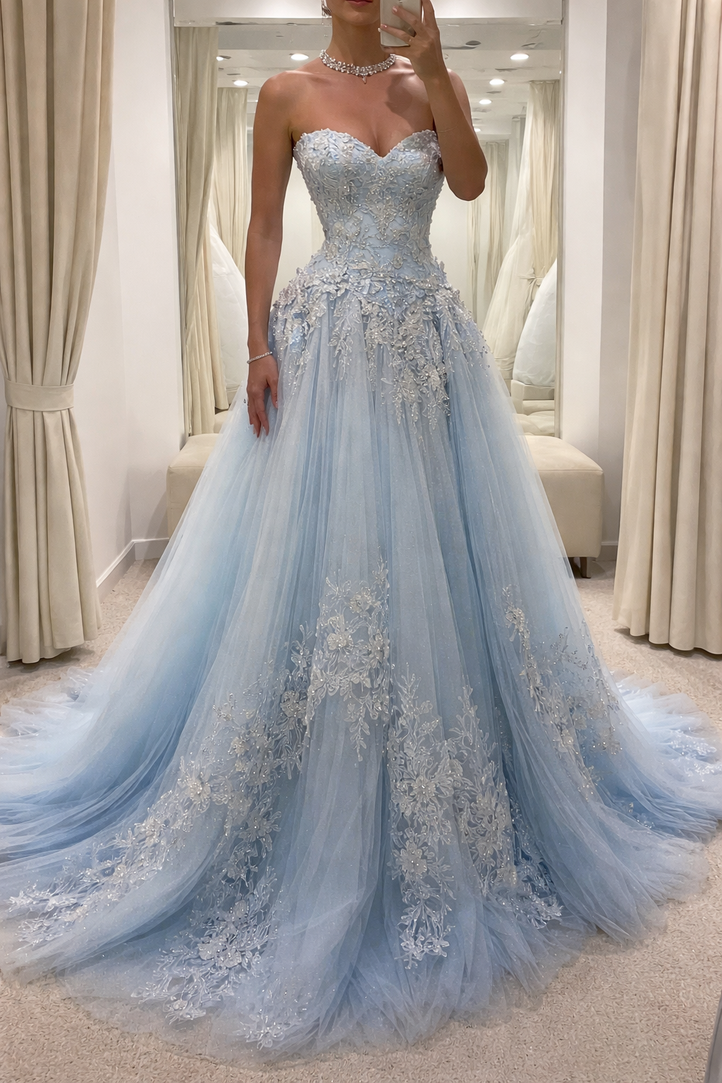 Robe de bal bleue chic, ornée d'appliqués en tulle, décolleté cœur, coupe trapèze, EP07255