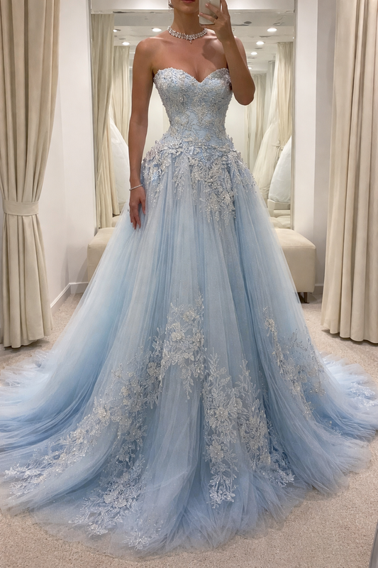 Chic Blue Prom Dress Tulle Appliques Sweetheart A-Line Evening Dress EP07255