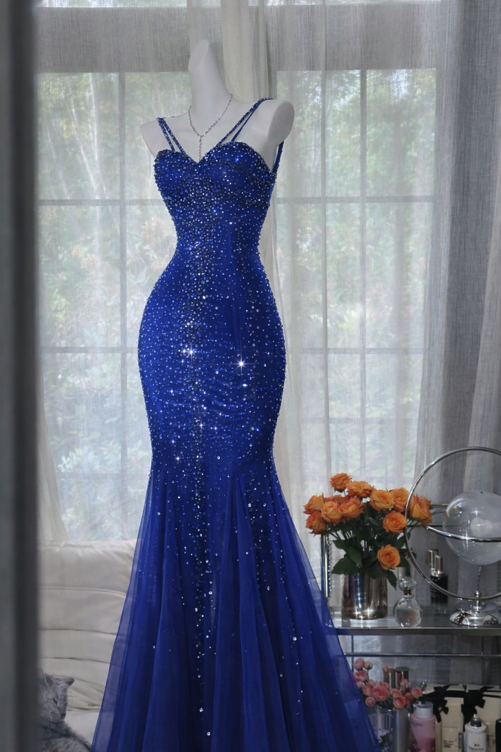 Chic Royal Blue Prom Dress Tulle Beaded V-neck Mermaid Evening Dress E EvaFashionDress Chic Royal Blue Prom Dress Tulle Beaded V-neck Mermaid Evening Dress E EvaFashionDress