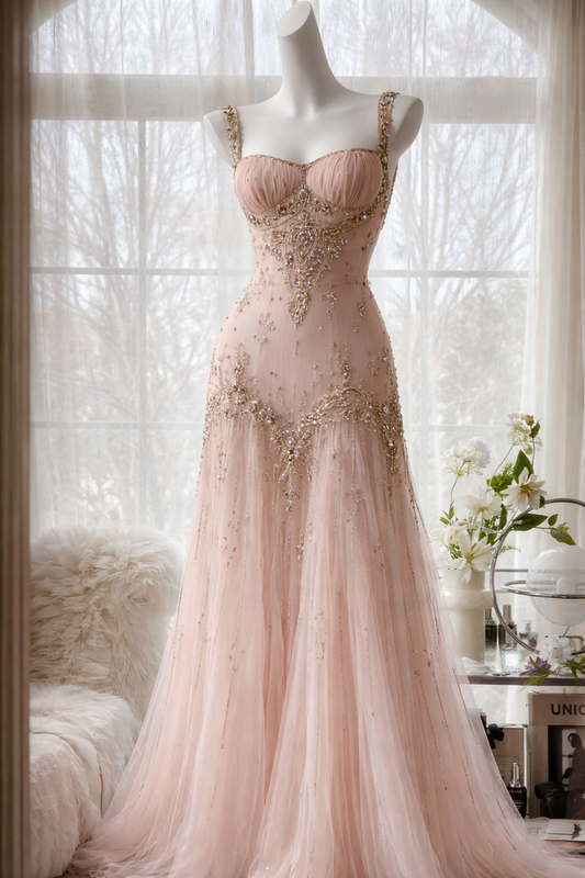Chic Soft Pink Prom Dress Tulle Beaded Straps Sheath Evening Dress EP07259