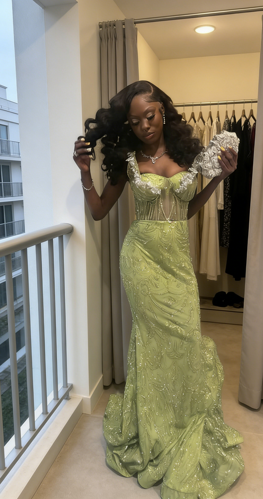 Sexy Green Prom Dress Tulle Beaded Straps Sheath Long Evening Dress EP07267