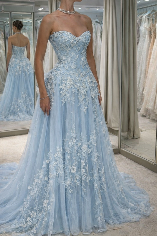 Gorgeous Blue Prom Dress Tulle Appliques Sweetheart A-Line Long Evening Dress EP07268