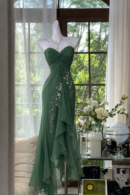 Elegant Green Prom Dress Sweetheart Sheath Chiffon Beaded Evening Dress EP07340