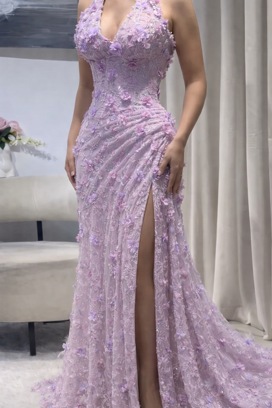 Elegant Purple Prom Dress Halter Sheath Appliques Beaded Evening Dress with Slit EP07342